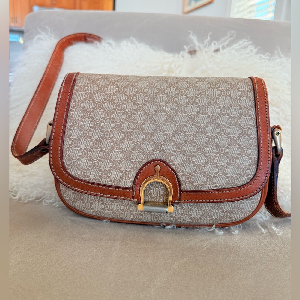 Celine Brown & Beige macadam  Leather Trim Crossbody Bag